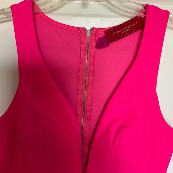 Akira Red Label Bright Neon Pink Bodycon Deep V Dress - Picture 2 of 3